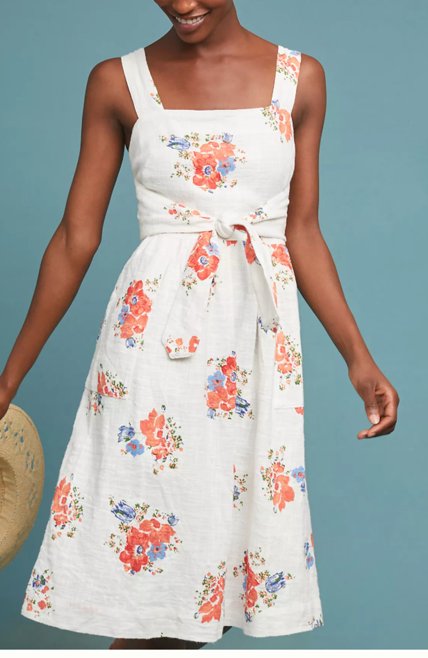 Meadow Rue ANTHROPOLOGIE Women's Tie-Waist Dress Size 6 White Floral Midi NWT